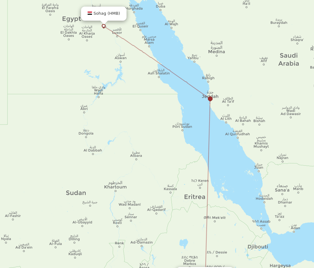 Addis Ababa - Sohag route map and flight paths