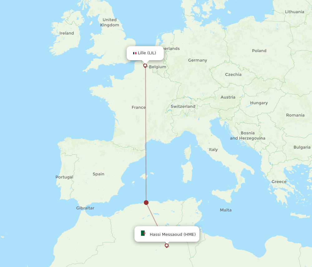 Lille - Hassi Messaoud route map and flight paths