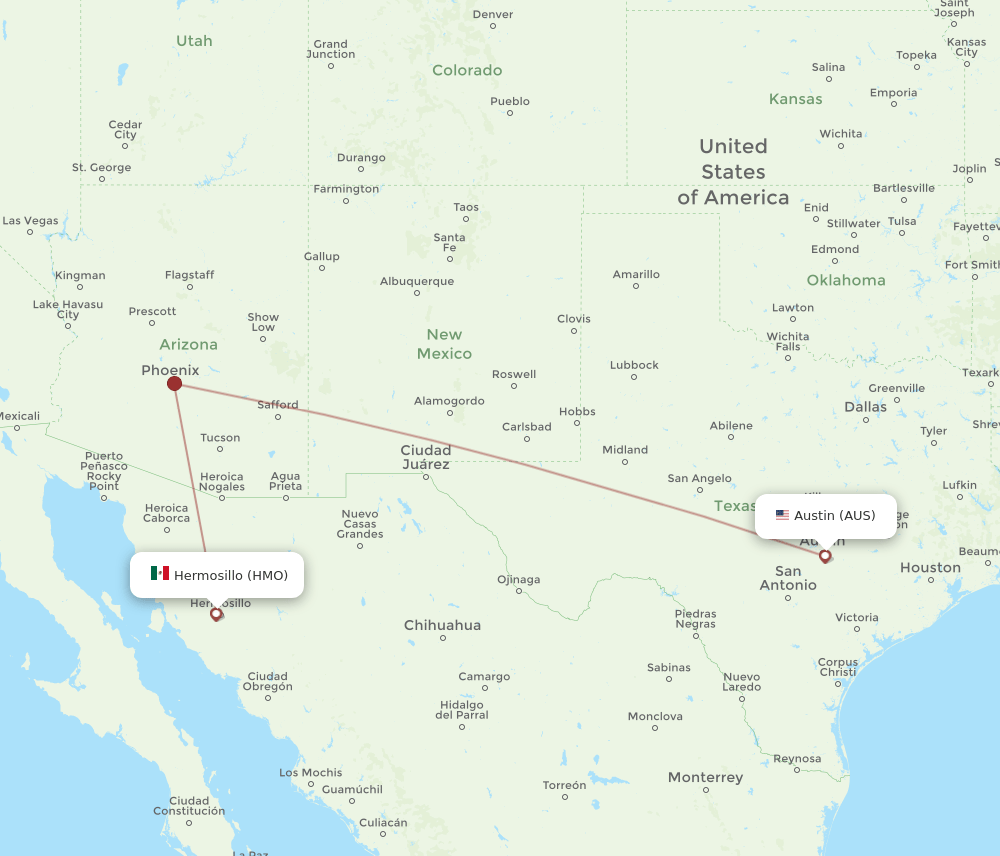 HMO to AUS flights and routes map