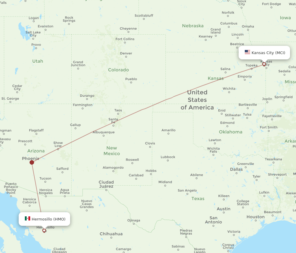 HMO to MCI flights and routes map