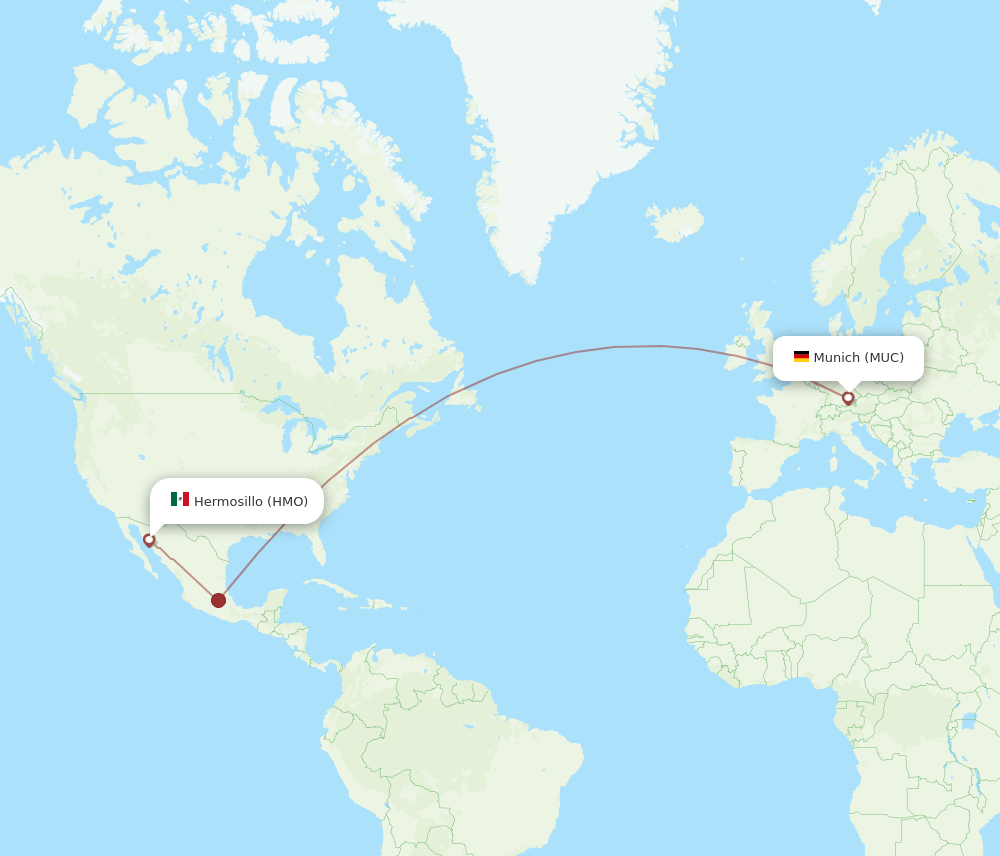 Munich - Hermosillo route map and flight paths