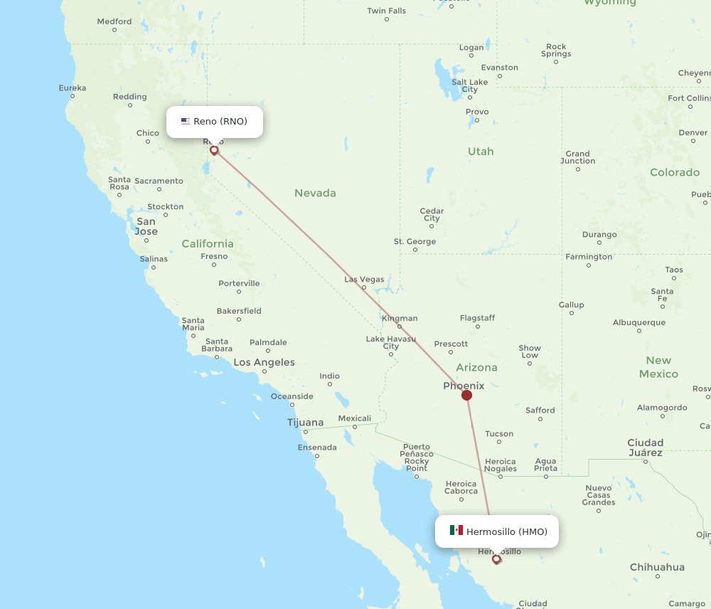 HMO to RNO flights and routes map