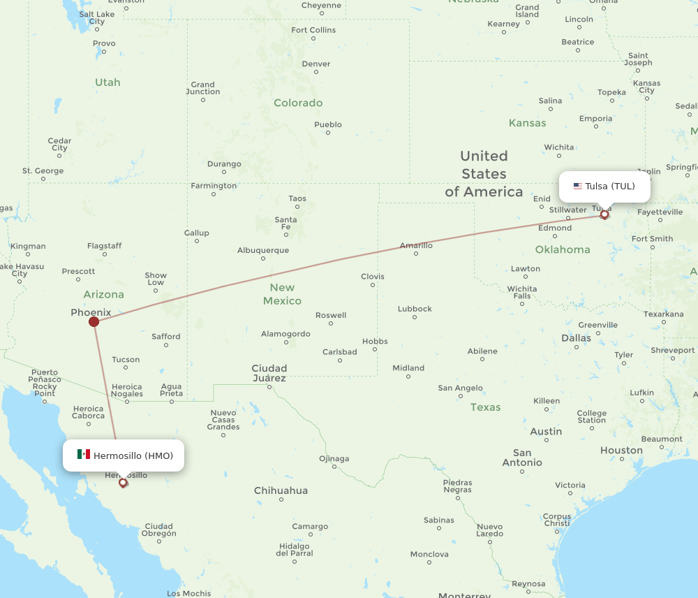 HMO to TUL flights and routes map