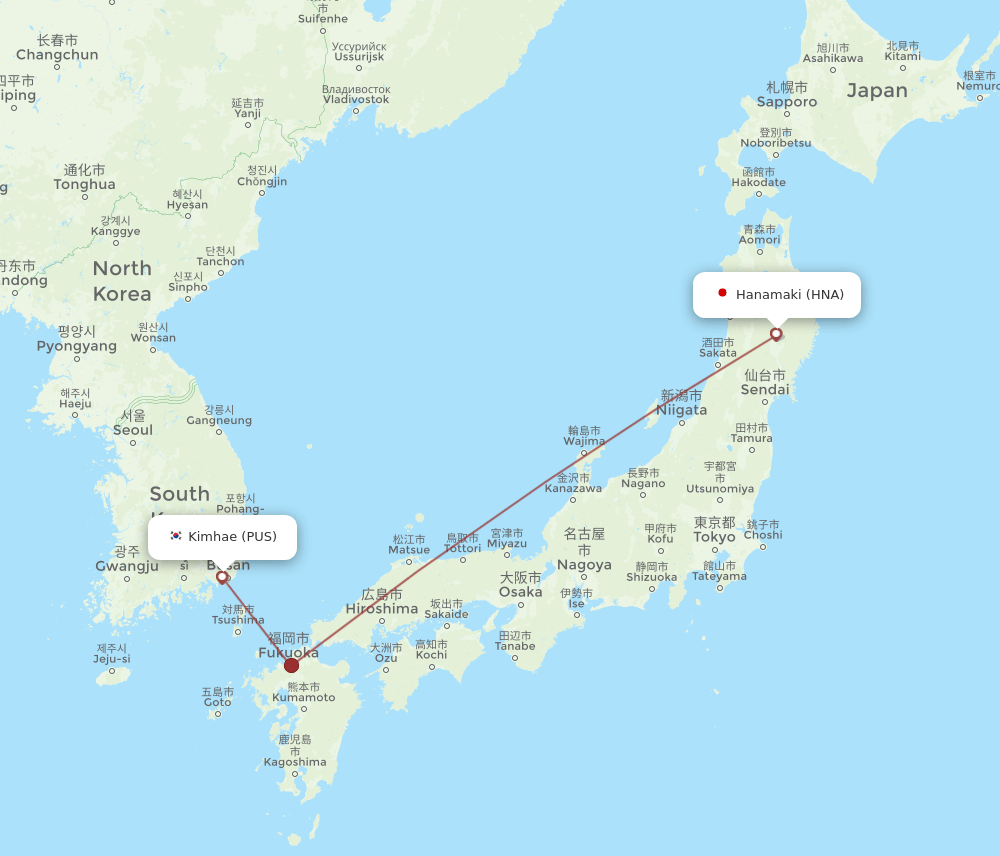 Busan - Hanamaki route map and flight paths