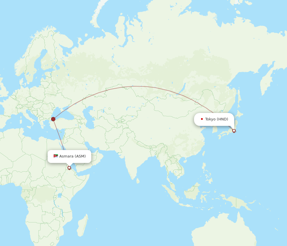 Asmara - Tokyo route map and flight paths