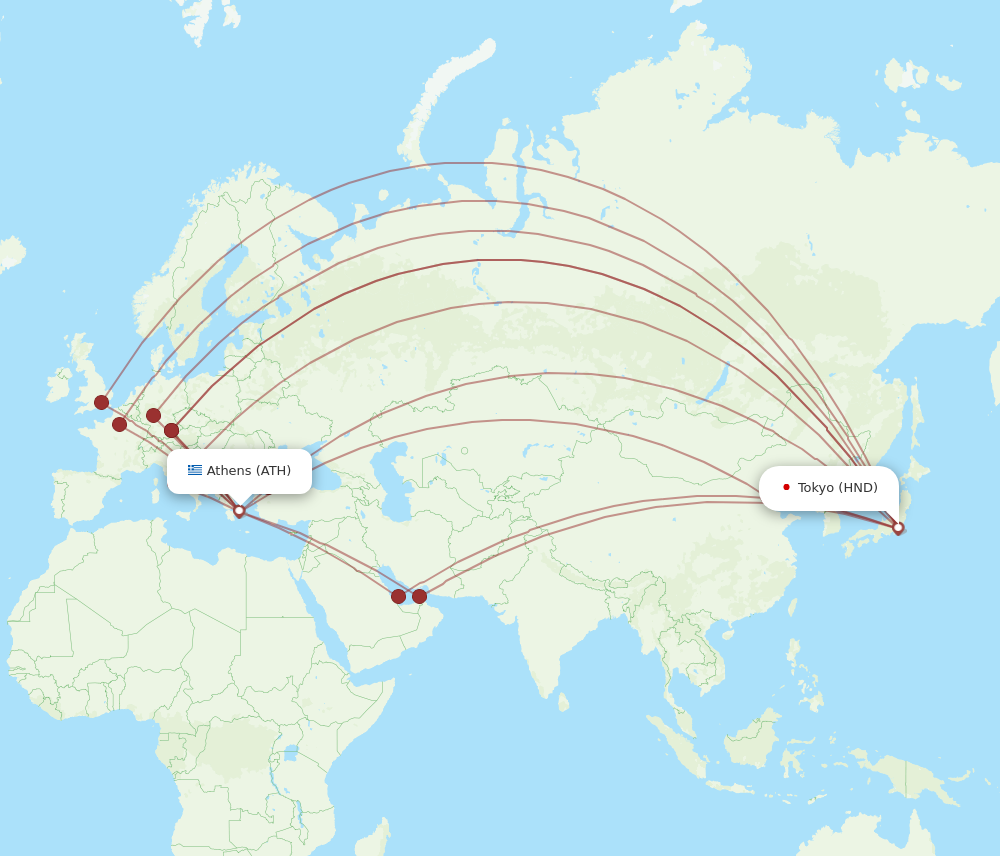 HND to ATH flights and routes map