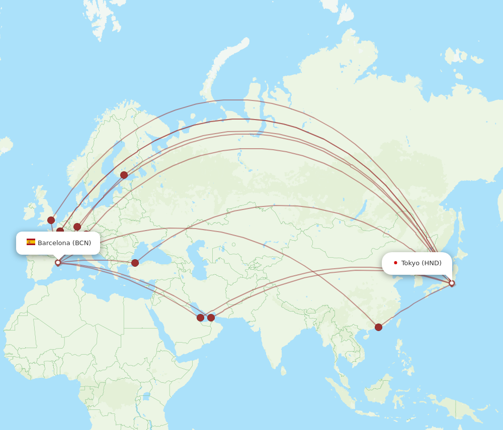 HND to BCN flights and routes map