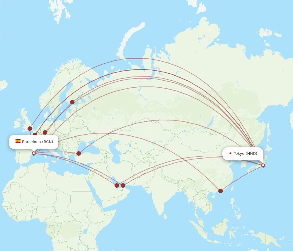 HND to BCN flights and routes map