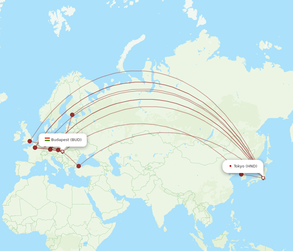 HND to BUD flights and routes map