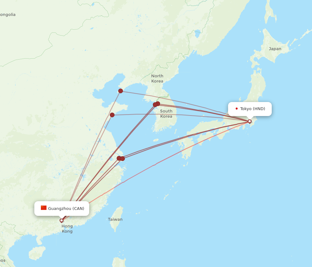 HND to CAN flights and routes map