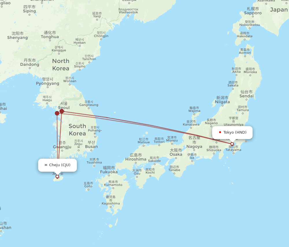 HND to CJU flights and routes map