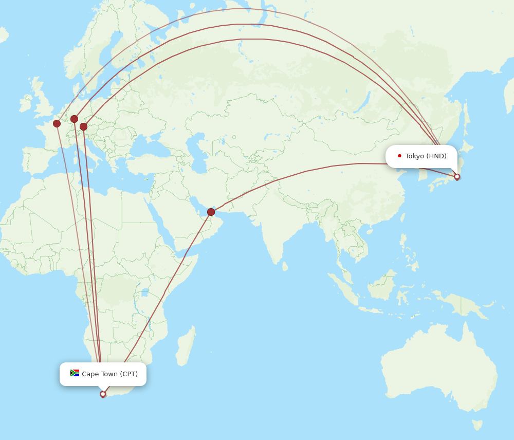 HND to CPT flights and routes map