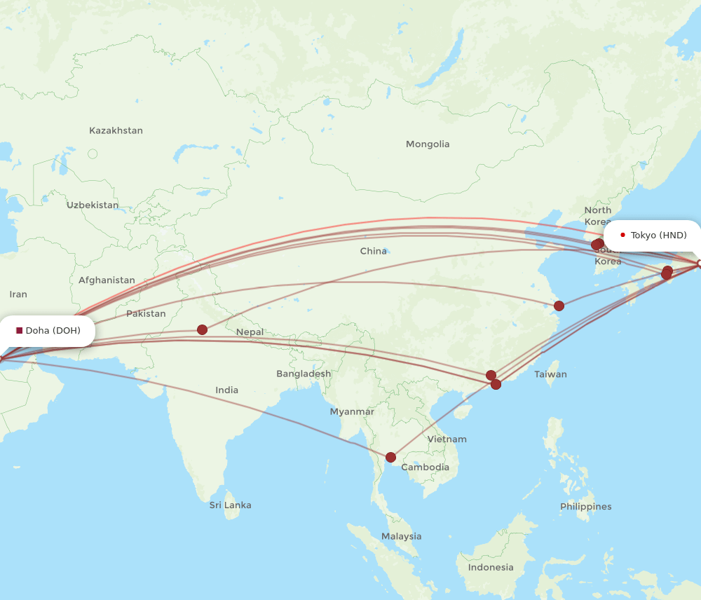 HND to DOH flights and routes map