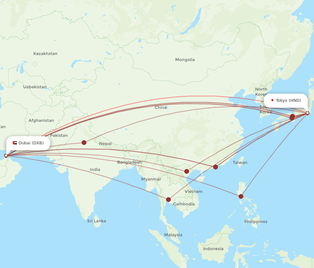 HND to DXB flights and routes map