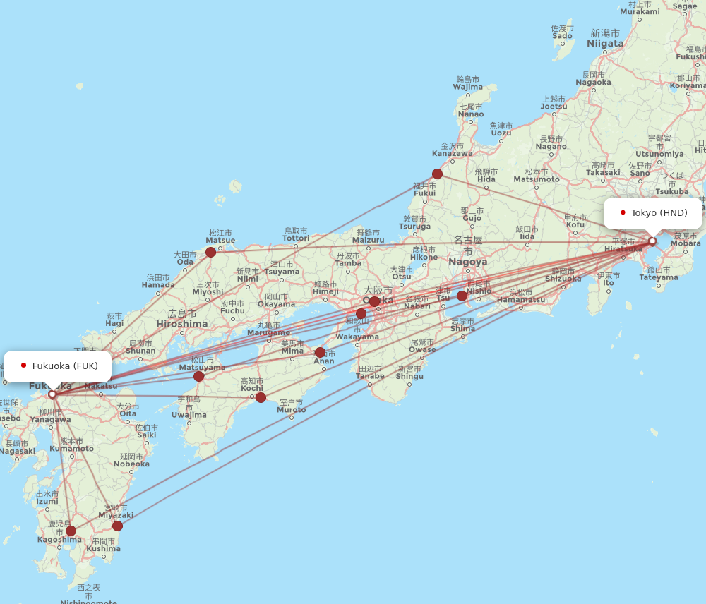 HND to FUK flights and routes map