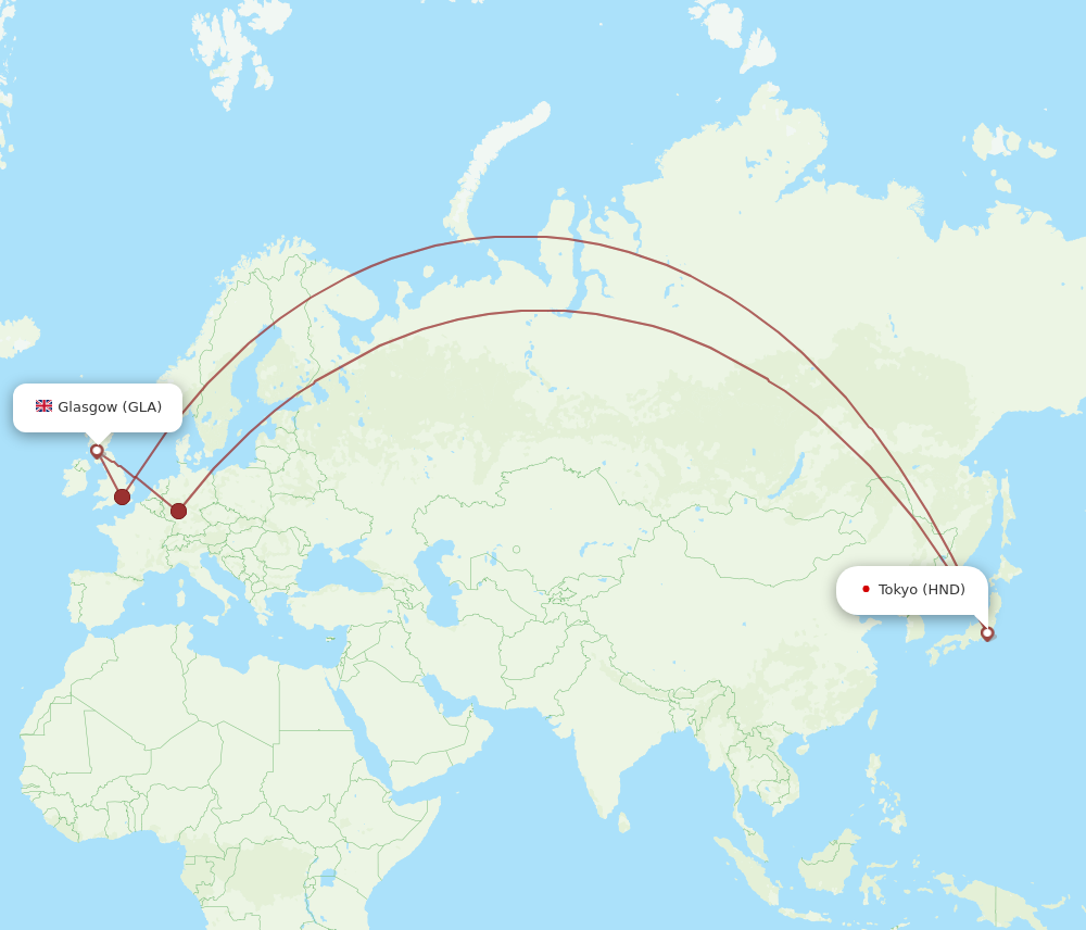 HND to GLA flights and routes map
