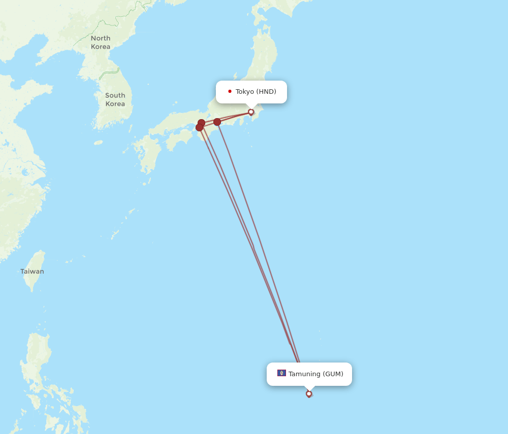 HND to GUM flights and routes map