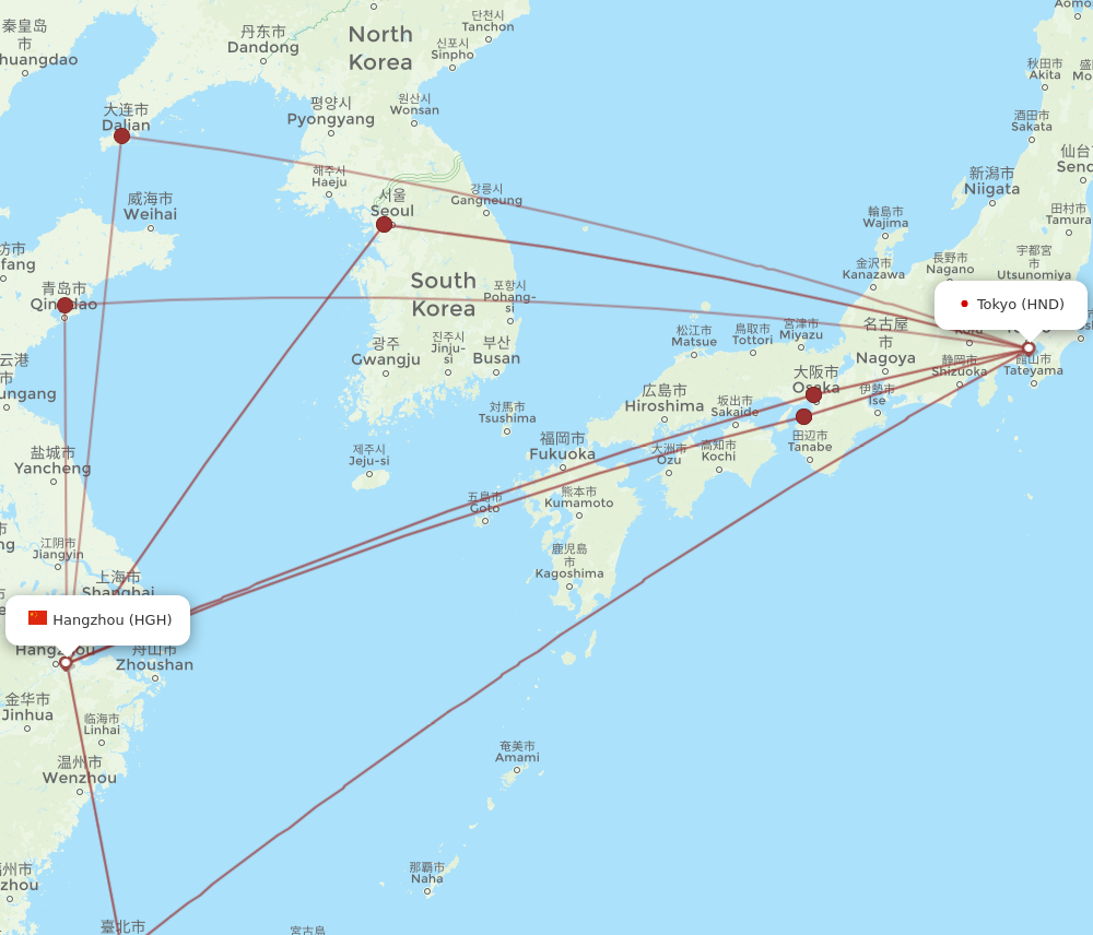 HND to HGH flights and routes map