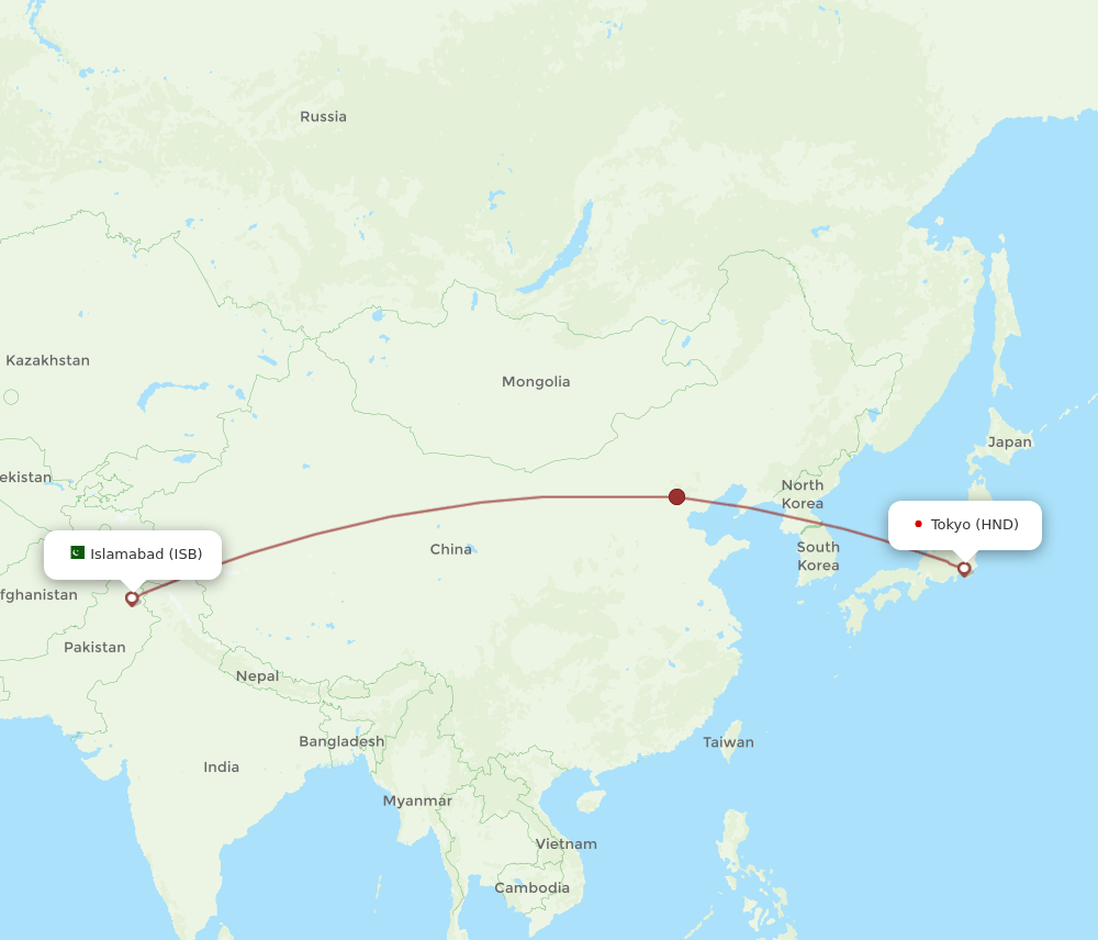 Islamabad - Tokyo route map and flight paths