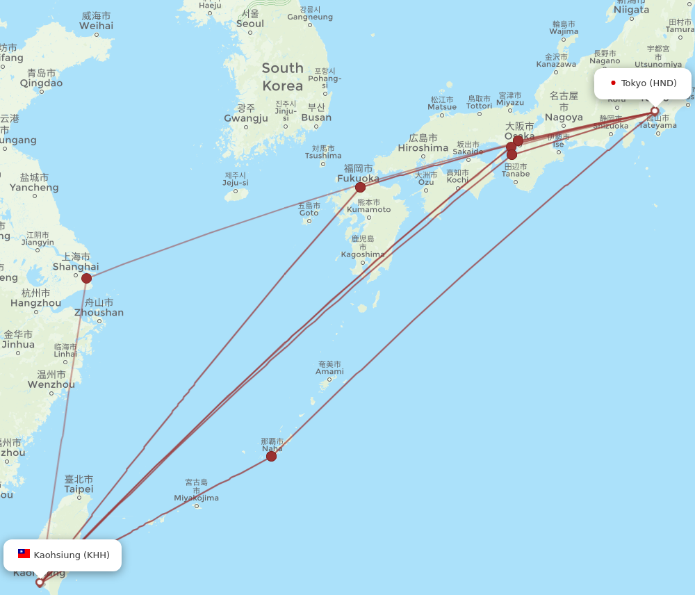 HND to KHH flights and routes map