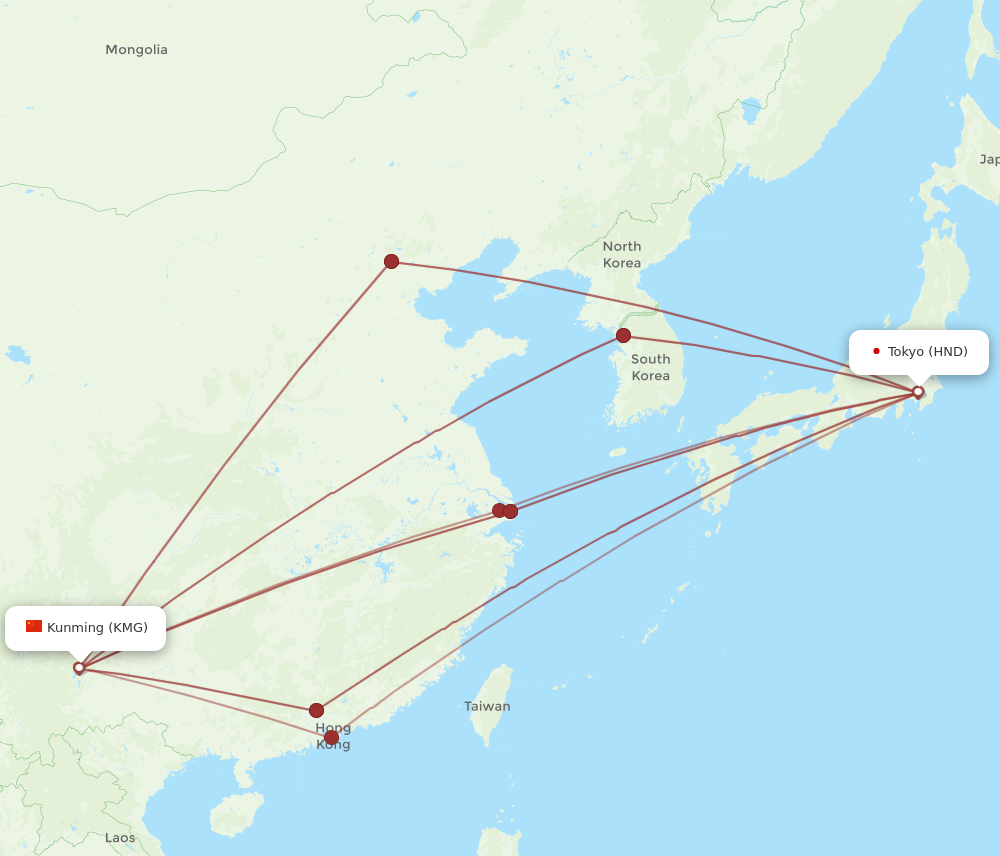 HND to KMG flights and routes map