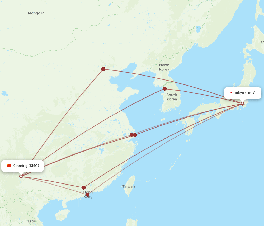 HND to KMG flights and routes map