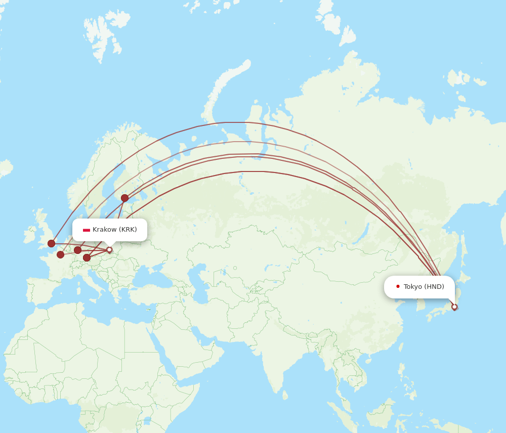 HND to KRK flights and routes map