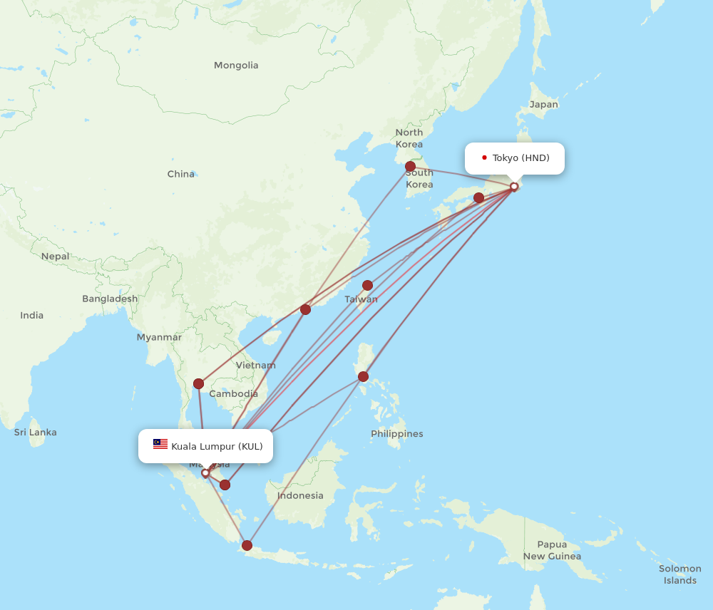 HND to KUL flights and routes map