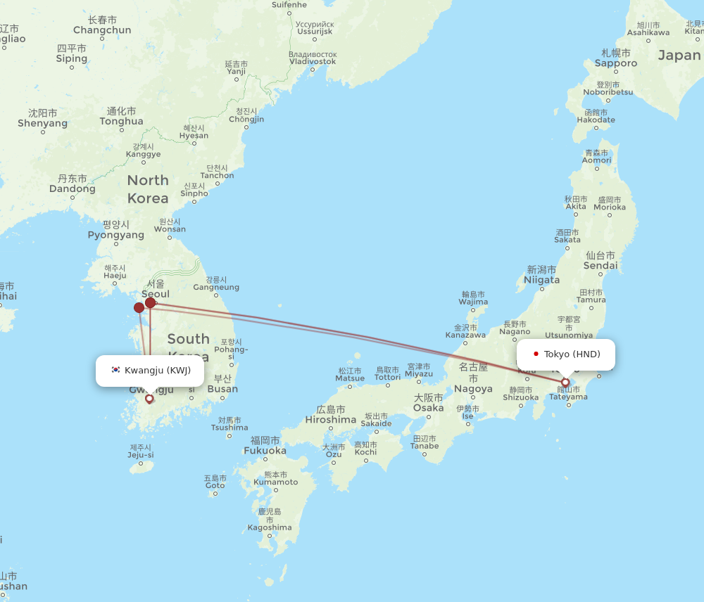 HND to KWJ flights and routes map