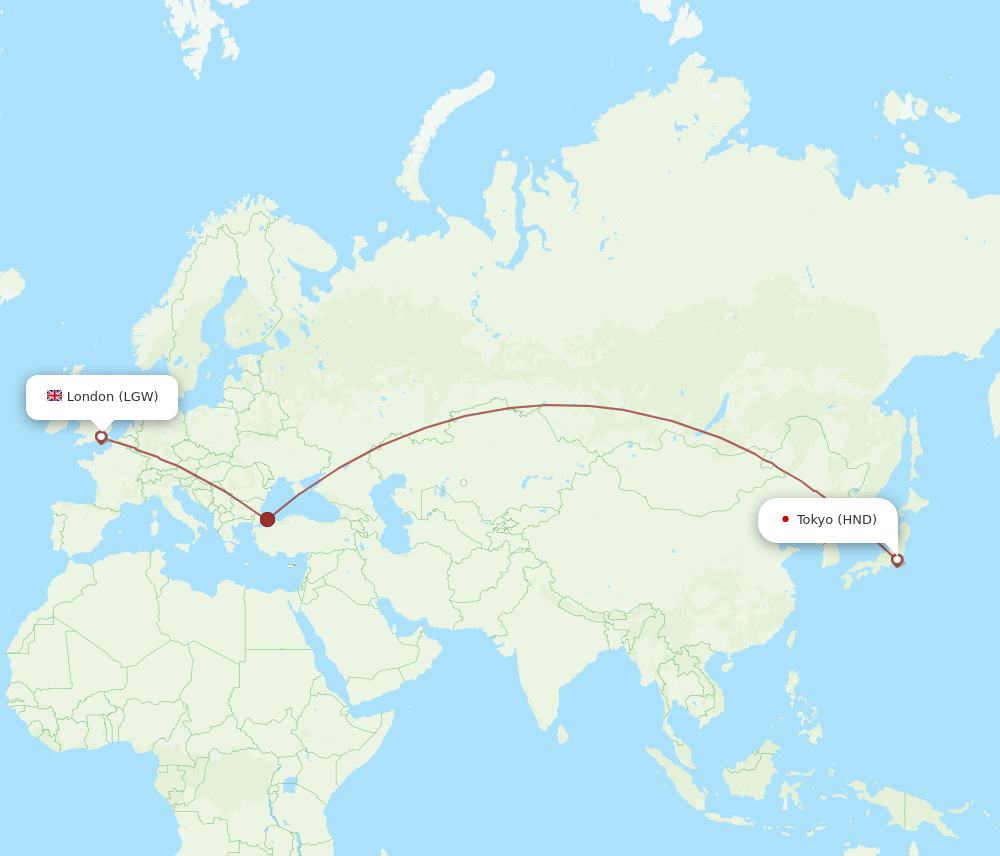 HND to LGW flights and routes map