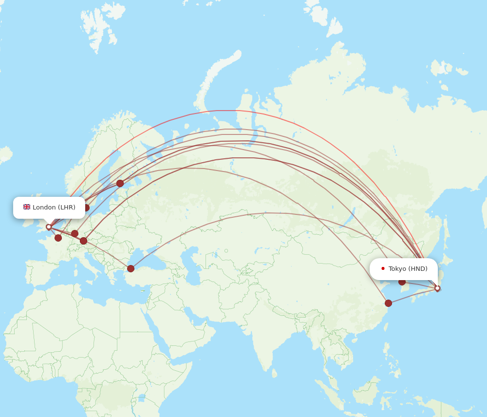 HND to LHR flights and routes map