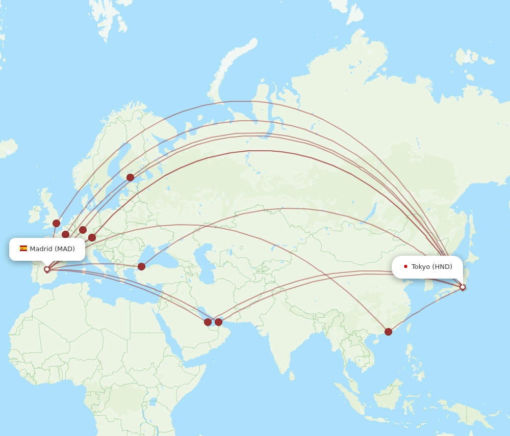 HND to MAD flights and routes map