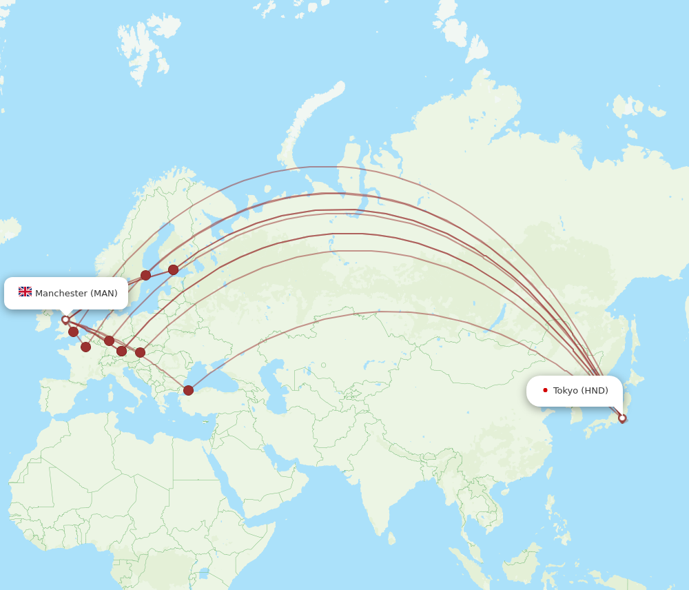 HND to MAN flights and routes map