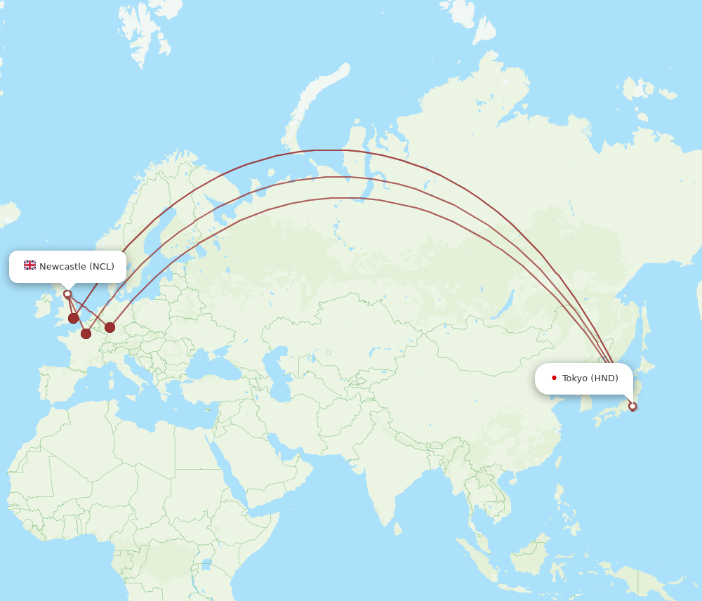 HND to NCL flights and routes map