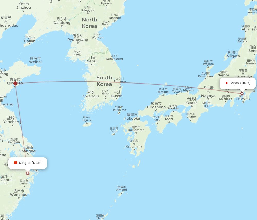 HND to NGB flights and routes map