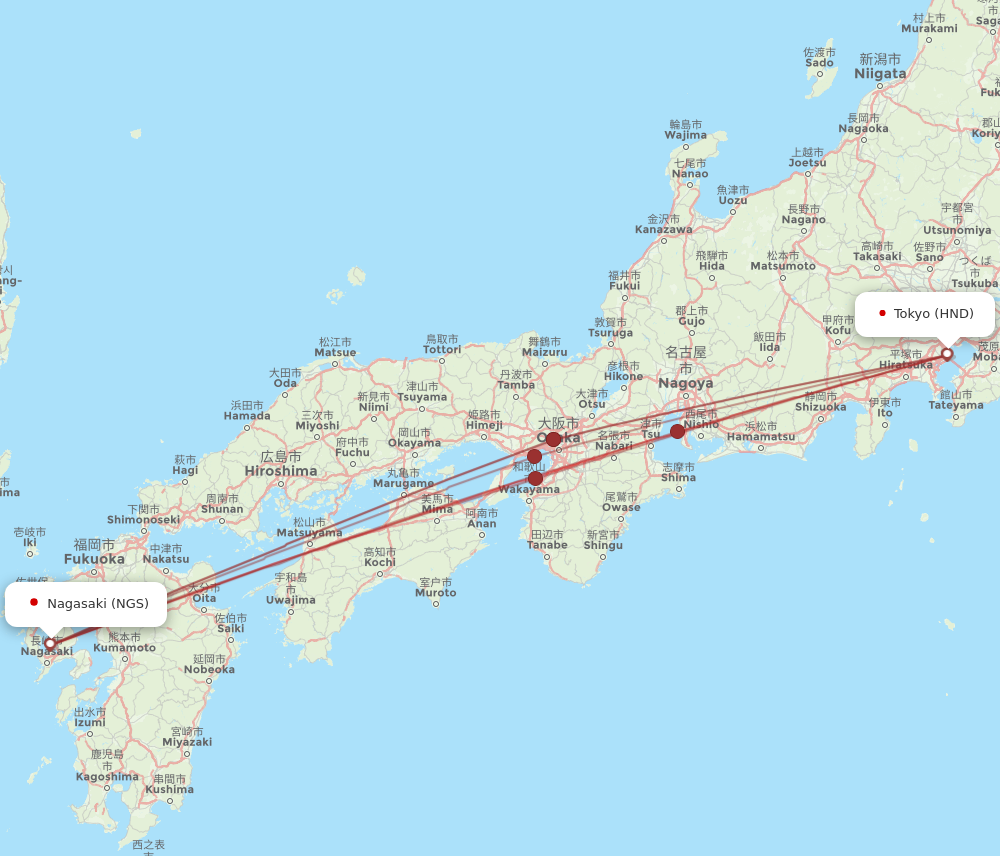 HND to NGS flights and routes map