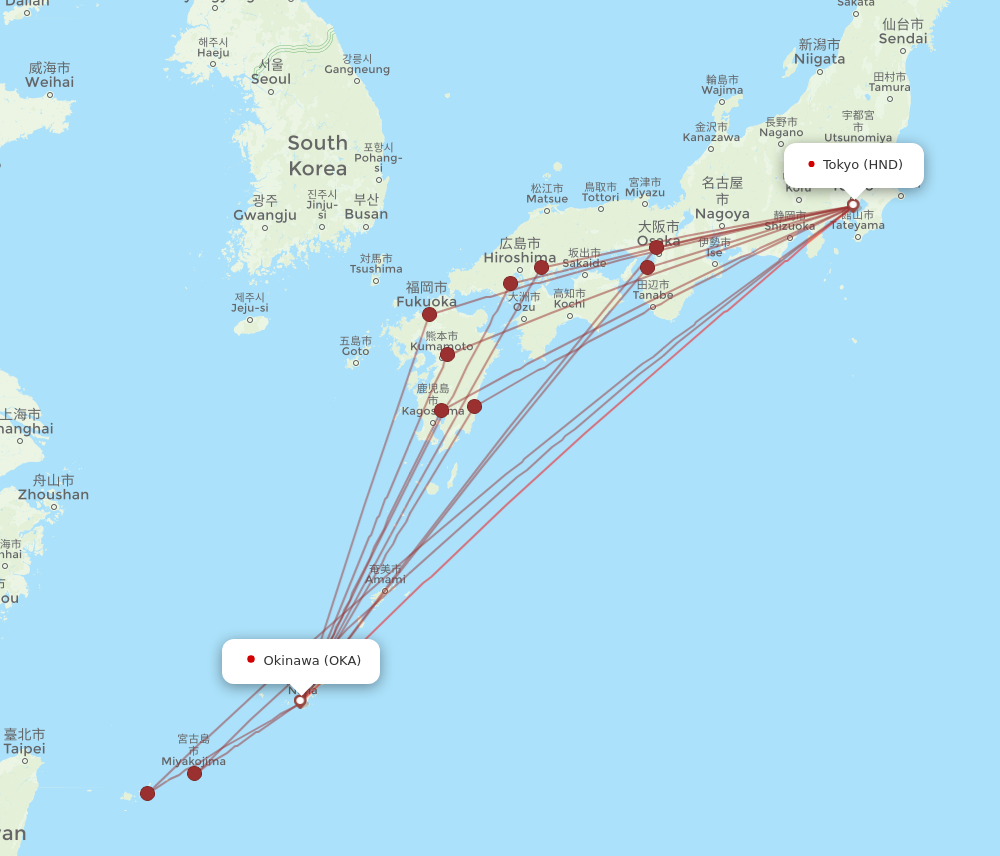 HND to OKA flights and routes map