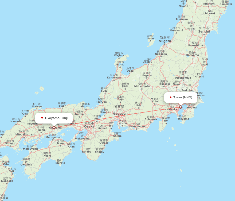 Tokyo - Okayama route map and flight paths