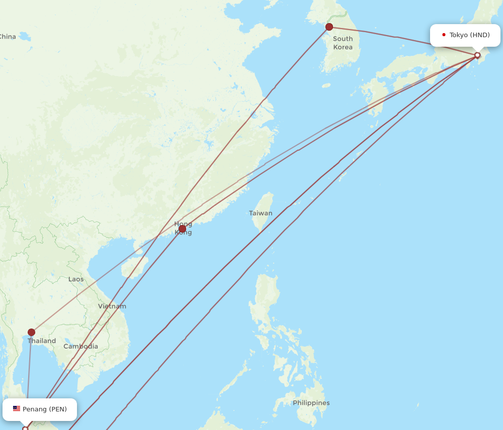 HND to PEN flights and routes map