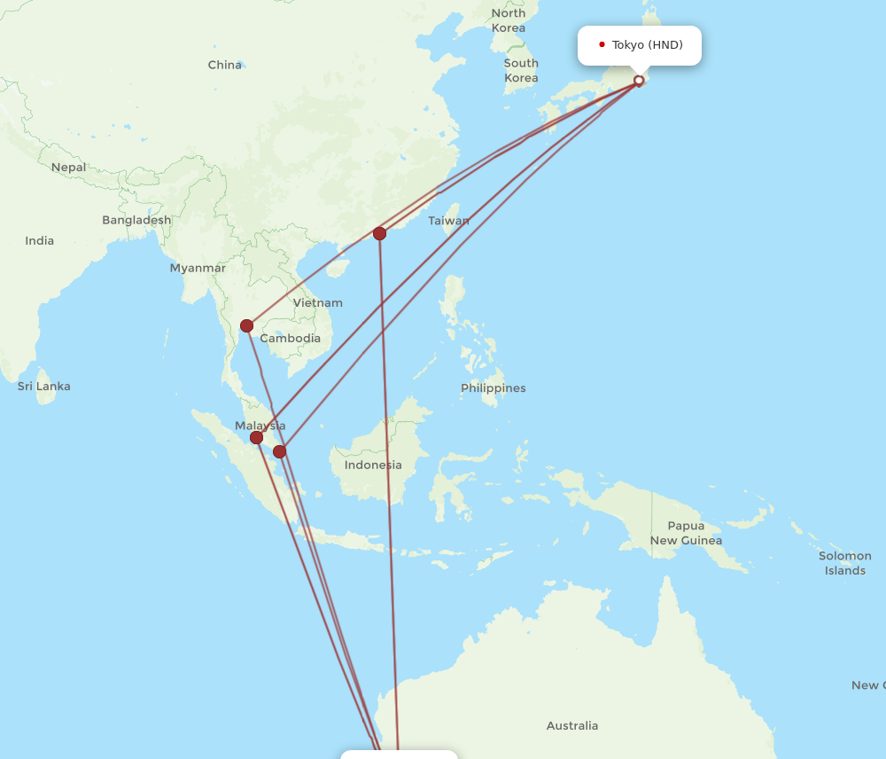 HND to PER flights and routes map