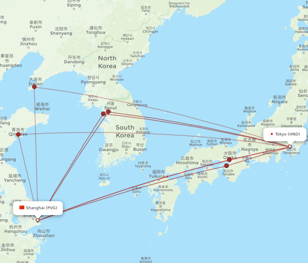HND to PVG flights and routes map
