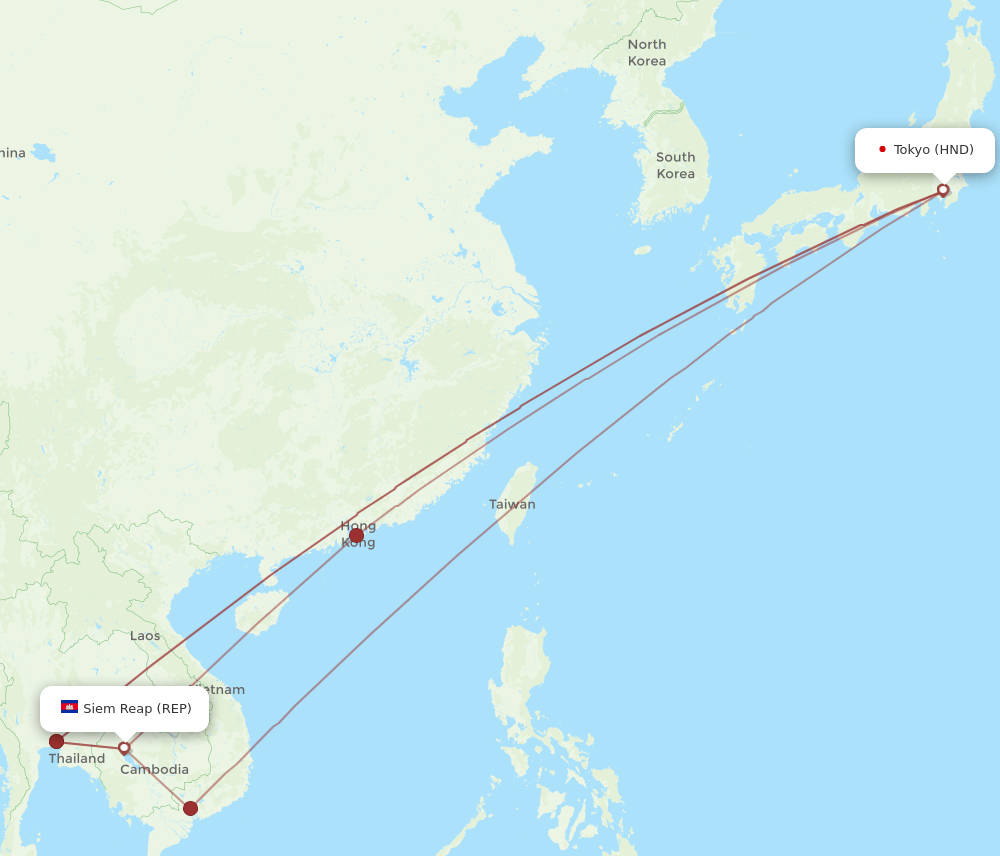 Tokyo - Siem Reap route map and flight paths