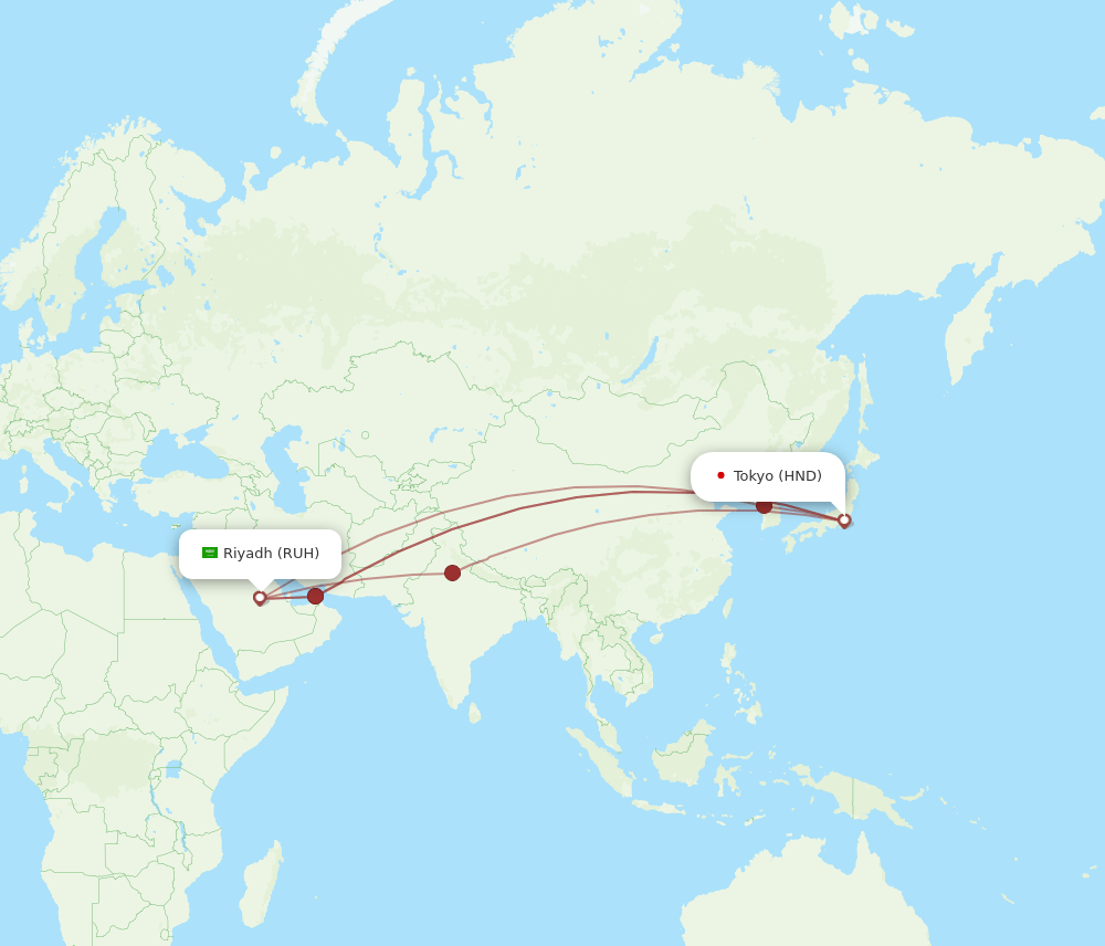 HND to RUH flights and routes map