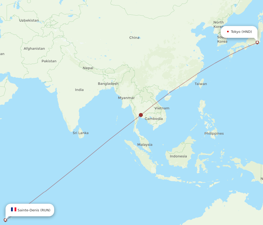 Saint Denis de la Reunion - Tokyo route map and flight paths