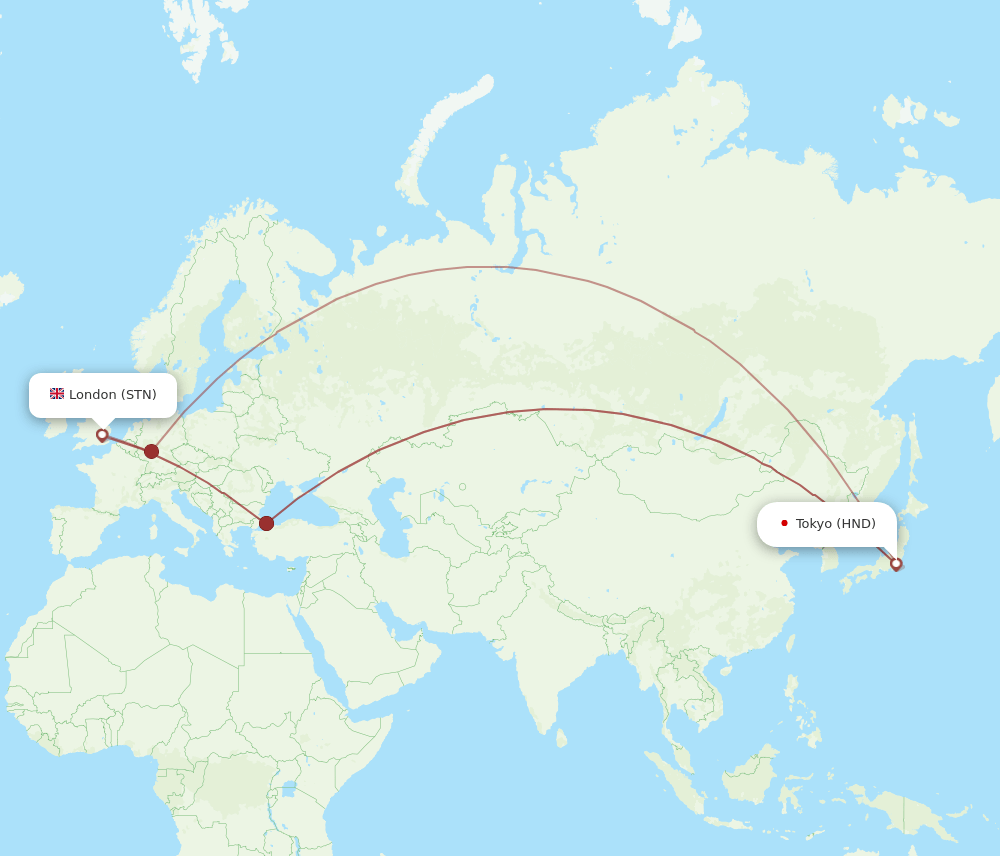 HND to STN flights and routes map