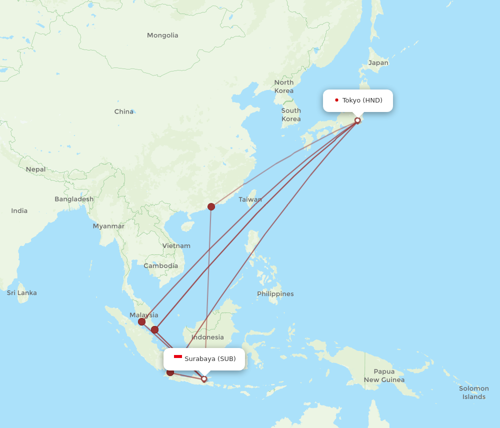 HND to SUB flights and routes map