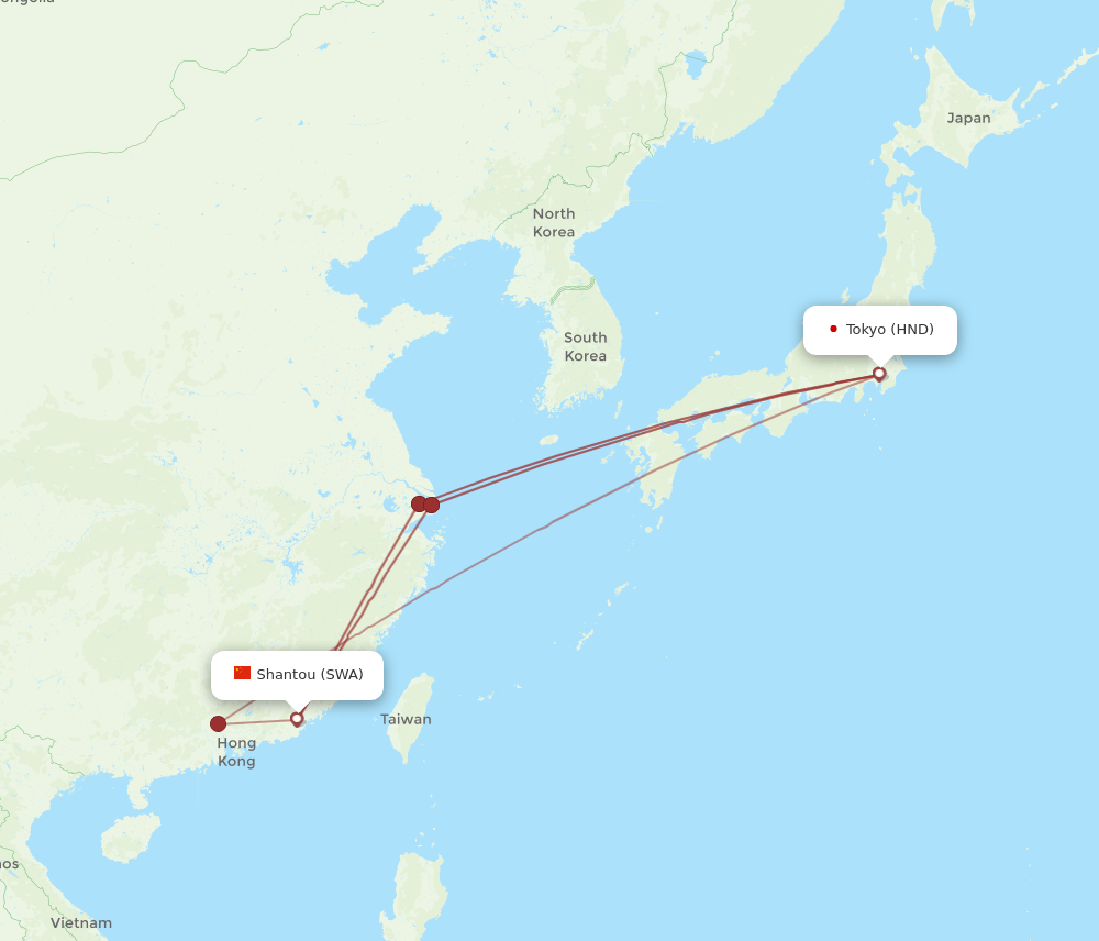 HND to SWA flights and routes map
