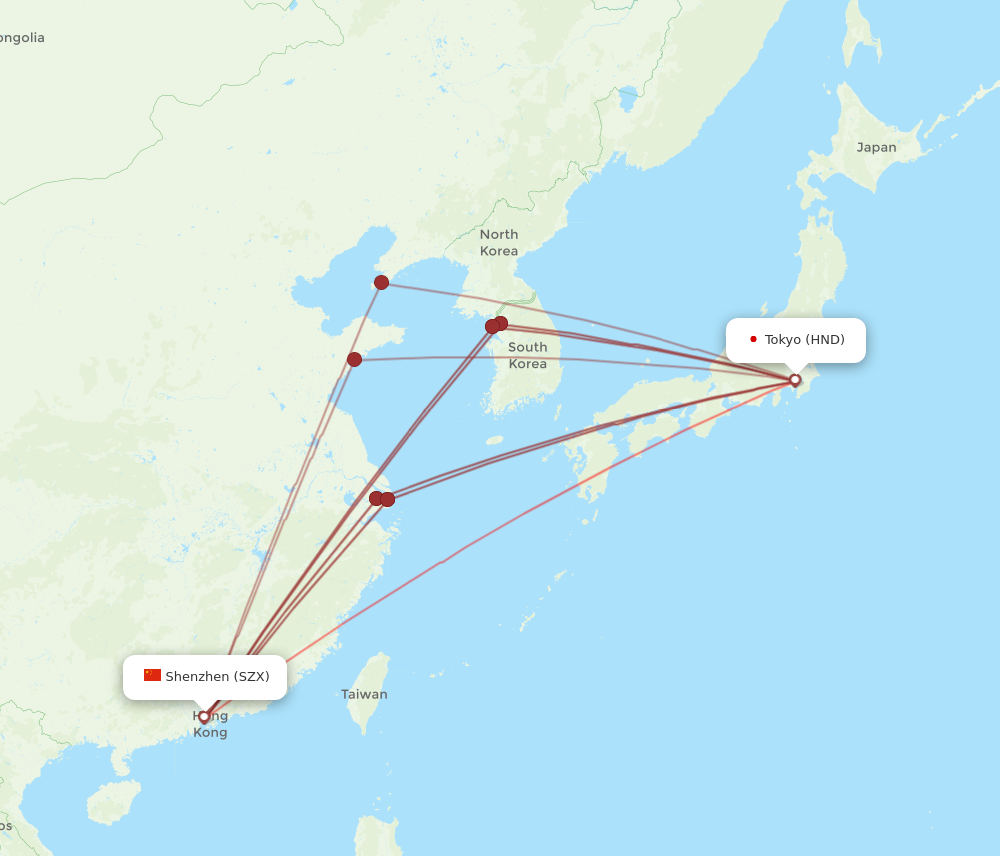 HND to SZX flights and routes map