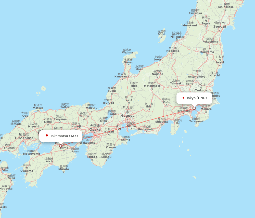 Tokyo - Takamatsu route map and flight paths