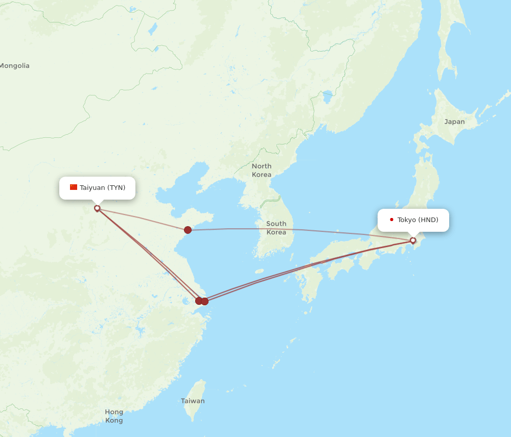 HND to TYN flights and routes map